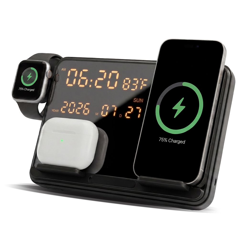 ChargeWorx 3-in-1 Wireless Charging Station with Digital Clock & Calendar