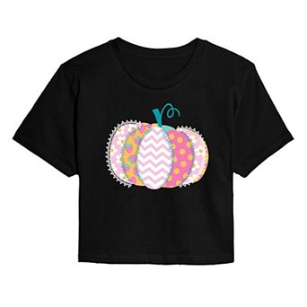 Juniors' Summerween Pastel Patchwork Pumpkin Cropped Tee