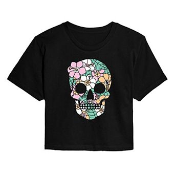 Juniors' Summerween Tropical Floral Skull Cropped Tee