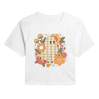 Juniors' Retro Ghost Fall Pattern & Florals Cropped Tee