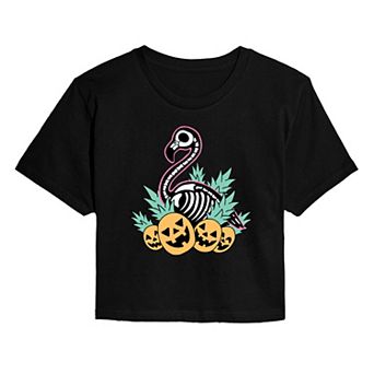 Juniors' Summerween Flamingo Skeleton Cropped Tee