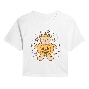 Juniors' Cute Teddy Bear Pumpkin Cropped Tee