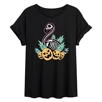 Juniors' Summerween Flamingo Skeleton Oversized Tee