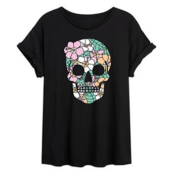 Juniors' Summerween Tropical Floral Skull Oversized Tee