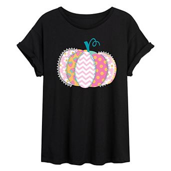 Juniors' Summerween Pastel Patchwork Pumpkin Oversized Tee