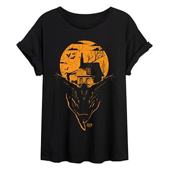 Juniors' Marvel Spider-Man Haunted House Silhouette Oversized Tee