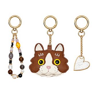Emberly Gold Tone Heart, Cat & Multi Beads Bag Charm 3 pc Set