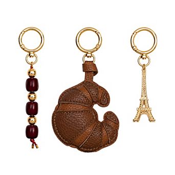 Emberly Gold Tone Eiffel Tower, Croissant & Multi Beads Bag Charm Set