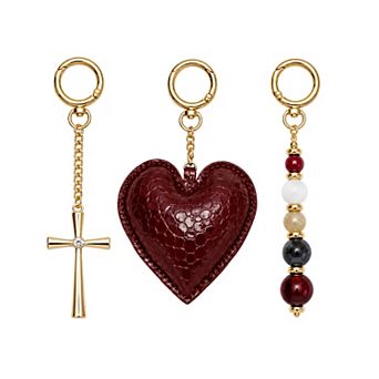Emberly Gold Tone Cross, Heart & Multi Beads Bag Charm Set