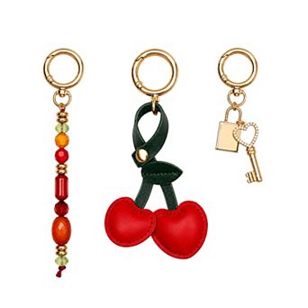 Emberly Gold Tone Cherries, Lock and Key & Multi Beads Bag Charm Set