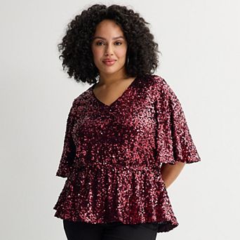 Plus Size Nine West Flutter Sleeve Sequin Top