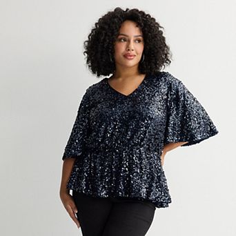 Plus Size Nine West Flutter Sleeve Sequin Top