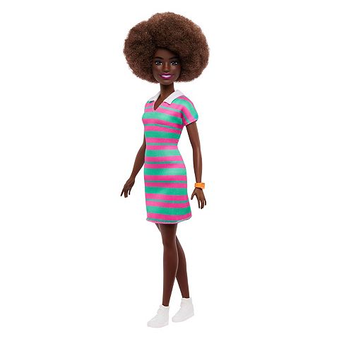 Детские куклы Barbie Fashionistas Doll with Pink and Green Striped Dress & Curly Black Hair