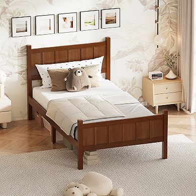 Pnronnc Wood Bed Frame Flat Panel Platform Bed with Headboard and Footboard Wood Grain Finish