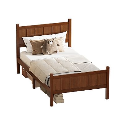 Pnronnc Wood Bed Frame Flat Panel Platform Bed with Headboard and Footboard Wood Grain Finish