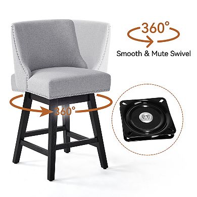 Opoiar Swivel Counter Height Bar Stools, Linen Upholstered Seat with Back, Wood Legs