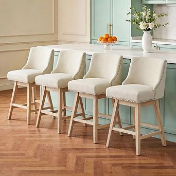 Opoiar Swivel Counter Height Bar Stools, Linen Upholstered Seat with Back, Wood Legs