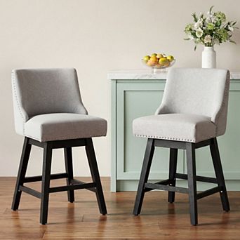 Opoiar Swivel Counter Height Bar Stools, Linen Upholstered Seat with Back, Wood Legs
