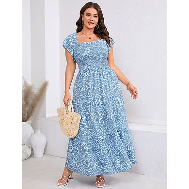 Women's Plus Size Maxi Dress Square Neck Ruffle Sleeve Smocked Tiered Long Dresses