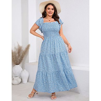 Women's Plus Size Maxi Dress Square Neck Ruffle Sleeve Smocked Tiered Long Dresses