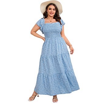 Women's Plus Size Maxi Dress Square Neck Ruffle Sleeve Smocked Tiered Long Dresses