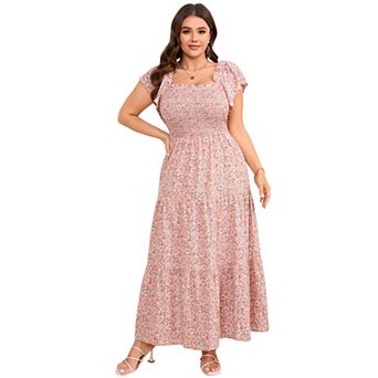 Women's Plus Size Maxi Dress Square Neck Ruffle Sleeve Smocked Tiered Long Dresses