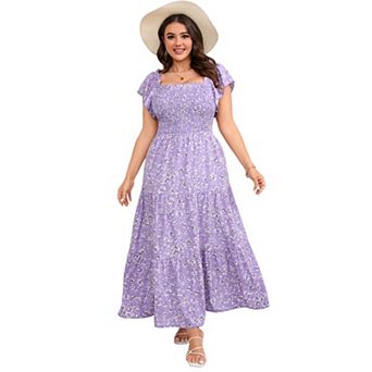 Women's Plus Size Maxi Dress Square Neck Ruffle Sleeve Smocked Tiered Long Dresses