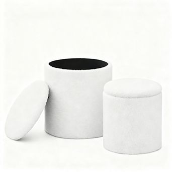 Set of 2 Round Storage Ottoman Boucle Teddy Vanity Stool Coffee Table