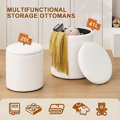 Set of 2 Round Storage Ottoman Boucle Teddy Vanity Stool Coffee Table