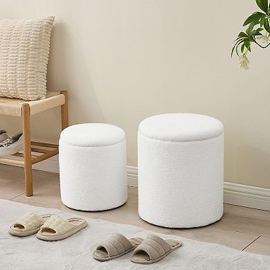 Set of 2 Round Storage Ottoman Boucle Teddy Vanity Stool Coffee Table