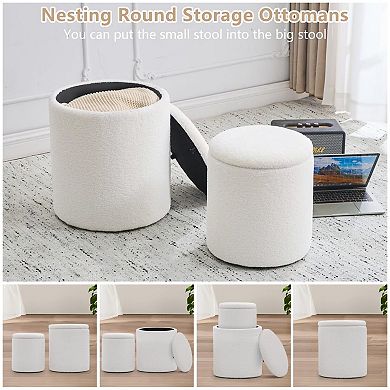Set of 2 Round Storage Ottoman Boucle Teddy Vanity Stool Coffee Table