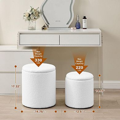 Set of 2 Round Storage Ottoman Boucle Teddy Vanity Stool Coffee Table