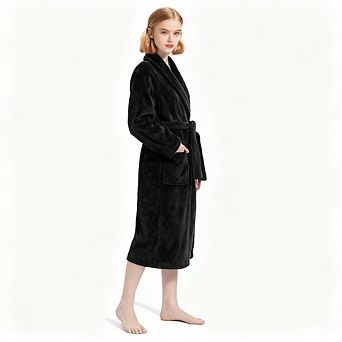 Plush Soft Fleece Robe Women Cozy Warm Bathrobe with Pockets