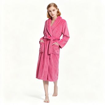 Plush Soft Fleece Robe Women Cozy Warm Bathrobe with Pockets