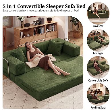 Opoiar 78" 5-in-1 Convertible Sofa Bed, Folding Corduroy Floor Couch, Sleeper with Steel Frame