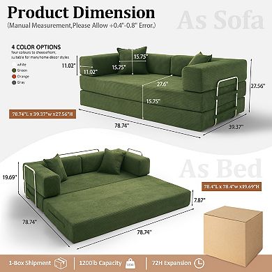 Opoiar 78" 5-in-1 Convertible Sofa Bed, Folding Corduroy Floor Couch, Sleeper with Steel Frame