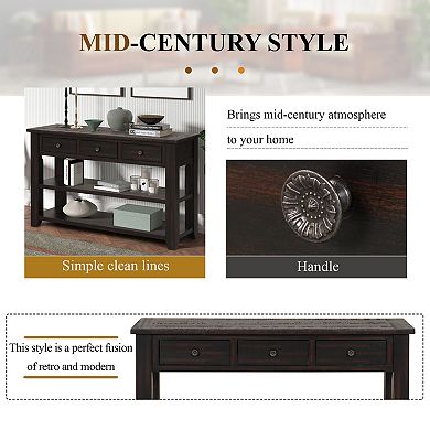 Pnronnc 48" Solid Pine Wood Console Table with 3 Drawers and 2 Shelves Entryway Table