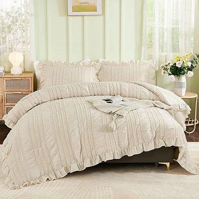 Boho Ruffle Seersucker Farmhouse Soft Queen Comforter Bedding Set