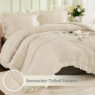Boho Ruffle Seersucker Farmhouse Soft Queen Comforter Bedding Set
