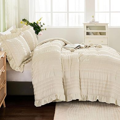 Boho Ruffle Seersucker Farmhouse Soft Queen Comforter Bedding Set