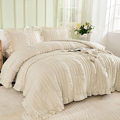 Boho Ruffle Seersucker Farmhouse Soft Queen Comforter Bedding Set