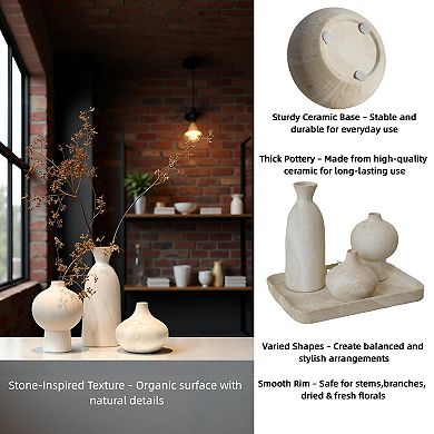 White Ceramic Vase Set of 3 Stone-look Textured Beige Modern Minimalist Shelf Decor