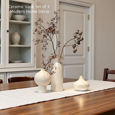 White Ceramic Vase Set of 3 Stone-look Textured Beige Modern Minimalist Shelf Decor
