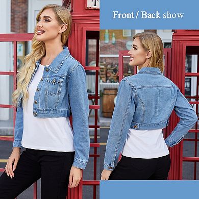 Zeagoo Womens Crop Denim Jacket Long Sleeve Stretchy Fitted Jean Coat with Pockets