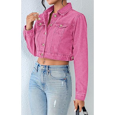 Zeagoo Womens Crop Denim Jacket Long Sleeve Stretchy Fitted Jean Coat with Pockets