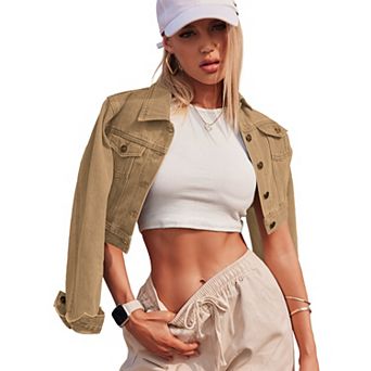 Zeagoo Womens Crop Denim Jacket Long Sleeve Stretchy Fitted Jean Coat with Pockets
