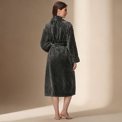 Super Soft Fleece Womens Robe Plush Long Bathrobe Stripe Warm Lightweight Adjustable Belt Side