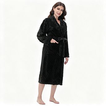 Super Soft Fleece Womens Robe Plush Long Bathrobe Stripe Warm Lightweight Adjustable Belt Side