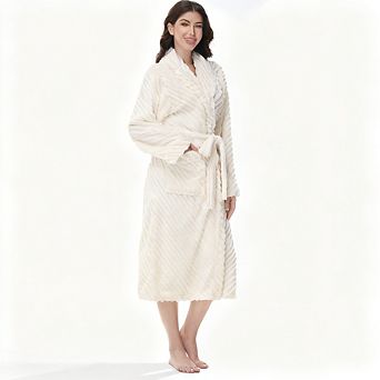 Super Soft Fleece Womens Robe Plush Long Bathrobe Stripe Warm Lightweight Adjustable Belt Side