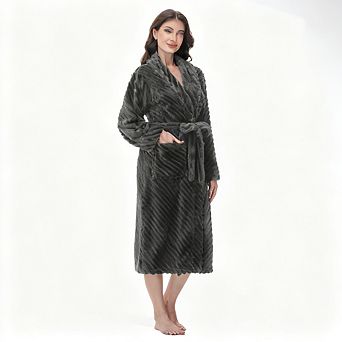 Super Soft Fleece Womens Robe Plush Long Bathrobe Stripe Warm Lightweight Adjustable Belt Side